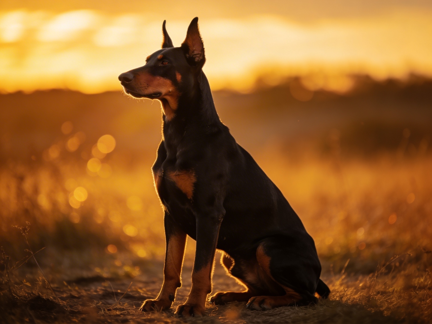 Alpha — male European Doberman Pinscher portrait at golden hour