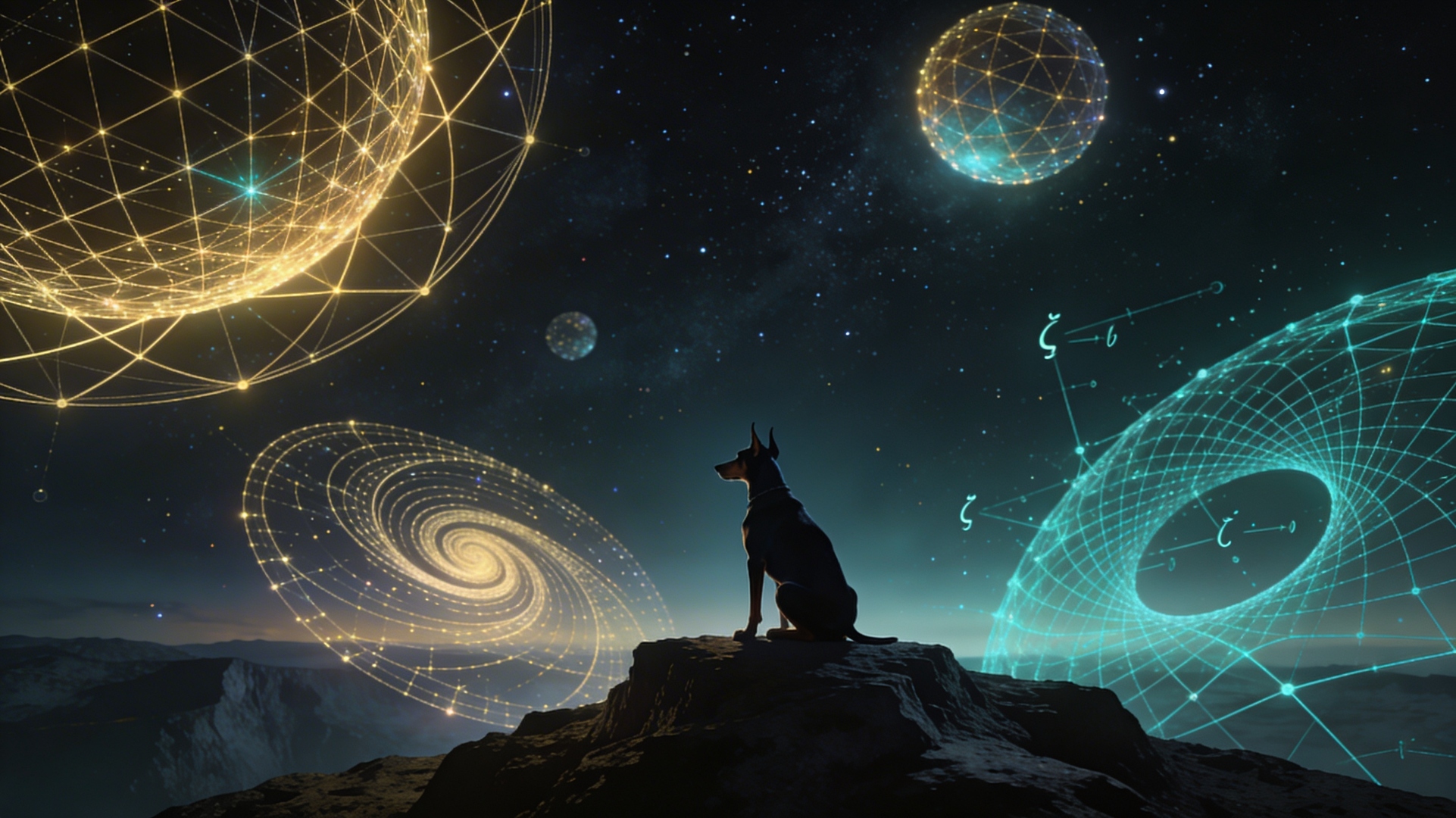 Doberman with topological spheres in the sky