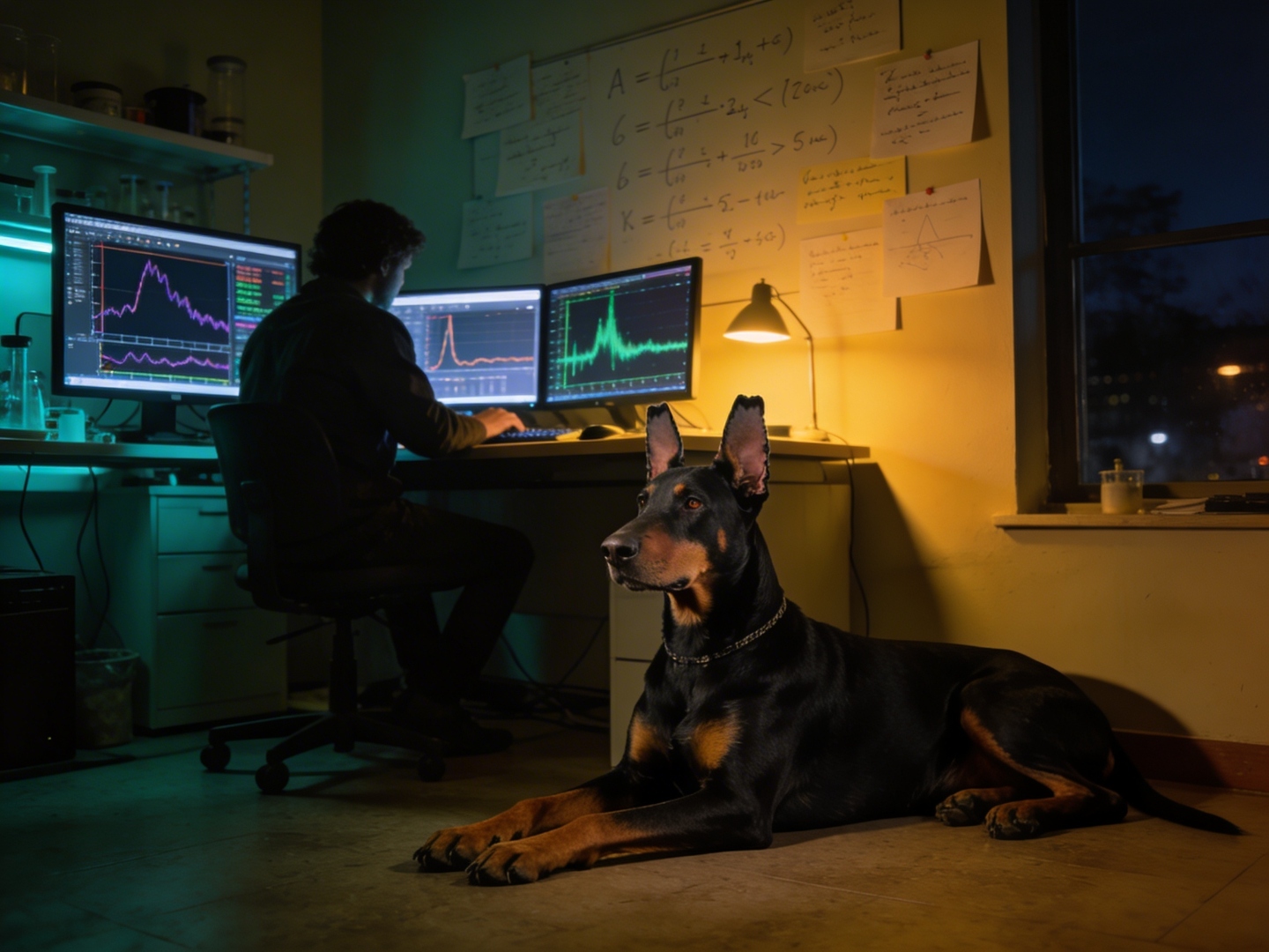 Researcher at work late at night with doberman companion